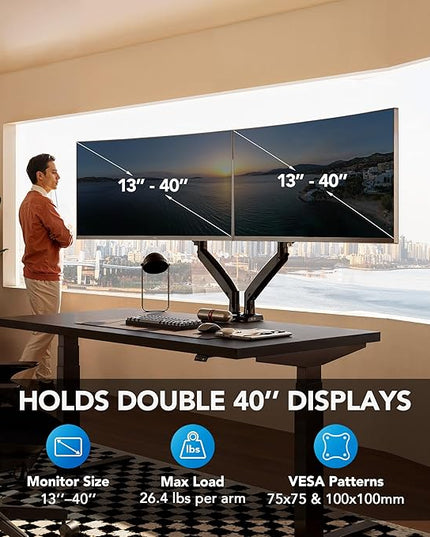 HUANUO NITROGLIDE™ Dual Monitor Stand for 13″–40″, Premium Dual Monitor Mount with USB, Height Adjustable Monitor Stand for 2 Monitors, VESA Mount with Clamp/Grommet Base, Holds 26.4lbs per Arm, HNDS7
