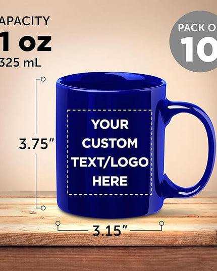 Custom Ceramic Coffee Mugs 11 oz. Set of 10, Personalized Bulk Pack - Coffee cup set, Iced coffee cup, Gaming mug - Royal Blue