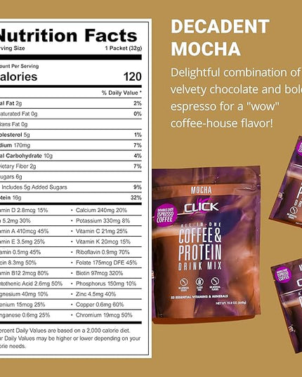 Click Coffee Protein, Protein & Real Coffee All-in-One, Meal Replacement Nutrition Drink, Mocha Flavor, 23 Essential Vitamins, Double Shot Espresso Coffee, Hot or Cold, 15.8-Ounce