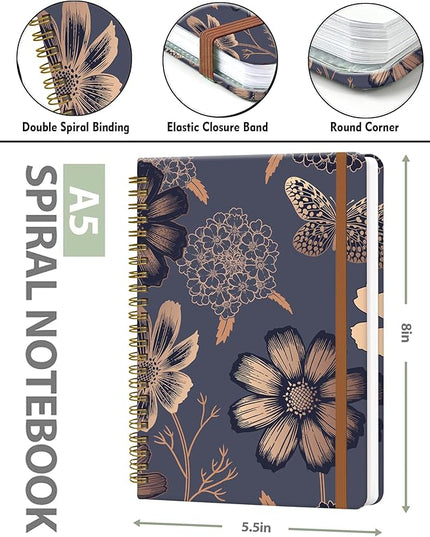 Spiral Journal Notebook for Women, Hardcover A5 College Ruled Notebook, 120 Pages, Thick Paper, Cute Lined Journal for School, Office & Work, 6 x 8.4 in(Vintage Gold Flowers)