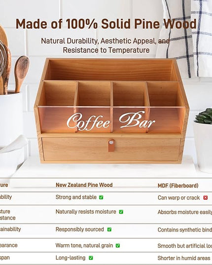 Intarsio 2-Tier Coffee Bar Organizer with Clear Acrylic Top, Built-in Drawer and Leather Handle Pull for Countertop, Stylish Coffee Station Storage Box for Accessories, Pods, Great Gifts for Home