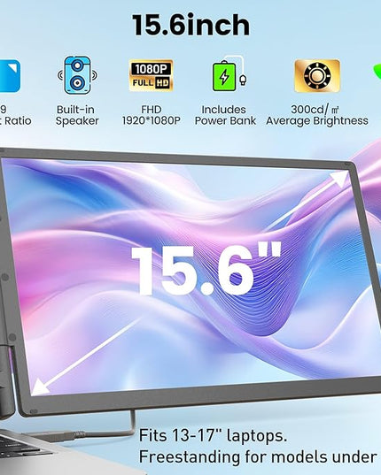 KEFEYA 15.6" Laptop Screen Extender, Includes Power Bank, FHD 1080P IPS Triple Laptop Monitor Extender for 13-17" Laptops, Plug & Play with HDMI/USB-A/TYPE-C/Hub, Compatible with Windows, Mac, Android