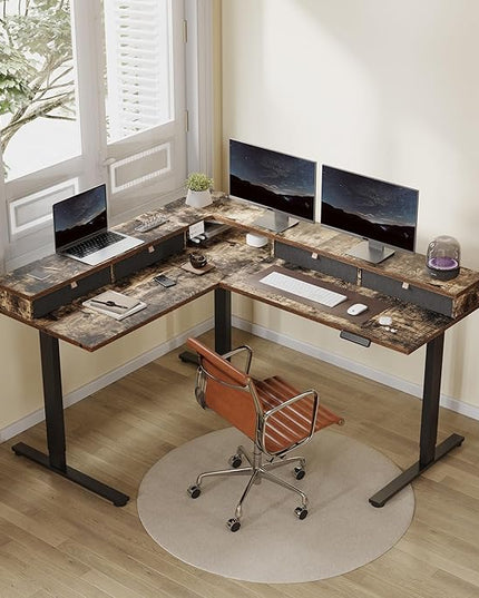 FLEXISPOT 63" L Shaped Standing Desk Electric Corner Table with Shelf, 4 Storage Drawers, Adjustable Computer Workstation for Home, Office, Game, Studio, Rustic Brown Top + Black Frame