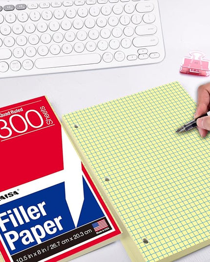 KAISA Loose Leaf Notebook Paper, 4x4 Quad Graph Ruled, 300 Sheets Per Lined Paper, 8" x 10.5", 3 Hole Punched for 3 Ring Binder, Canary, Made In USA