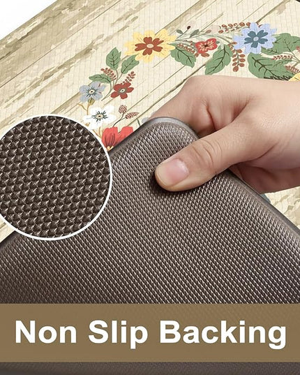 KIMODE Anti Fatigue Kitchen Mats for Floor 2 Piece,Farmhouse Floral Rugs Cushioned,Comfort Memory Foam Carpet Non Slip for Sink Laundry Office Bathroom,Beige 17"x47"+17"x29"