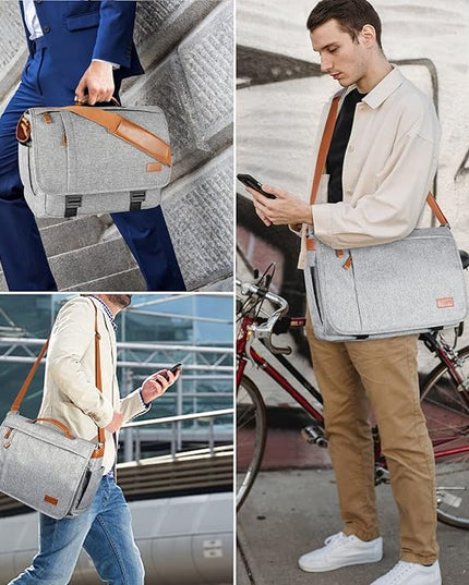 ESTARER Messenger Bag 17-17.3 Inch, Men's Computer Bag Water-resistant Canvas, Laptop Shoulder Bag for Travel Work College, Light Grey