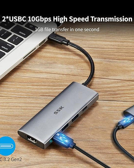 SSK 100W USB-C HUB, USB3.2 Gen 2 10Gbps 5 in 1 Type C Multiport Adapter with 4K HDMI, 2 USB C with 1 PD Powered, 2 USB A 3.2 Gen2 Ports, SuperSpeed USB Dock for Laptop MacBook Pro Air Dell Hp Lenovo