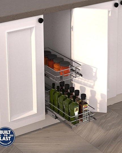 JOWBOOW (8" W x 22" D 2-Tier Narrow Cabinet Pull Out Shelves | Heavy Duty Slide Out Shelves for Kitchen Cabinets, 22 Inch Deep Under Cabinet Organizer, Chrome