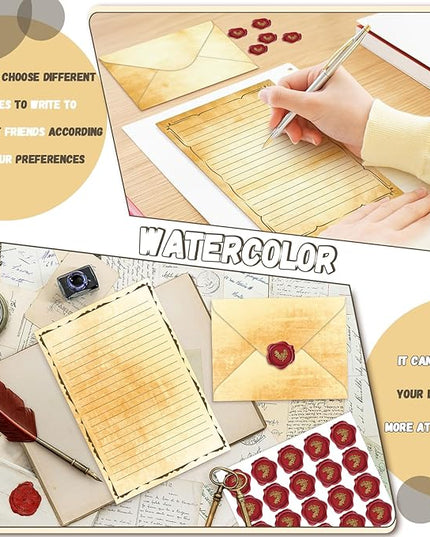 TaoBary 160 Pcs Stationery Paper Set 50 Double Sided Stationery Papers with 50 Matching Envelopes and 60 Round Dot Sticker, 10 Design(Vintage,5.5 x 8.25 Inch)