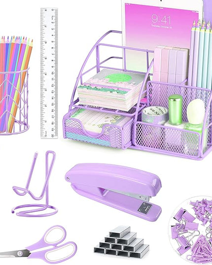 Purple Desk Organizers and Accessories Office Supplies Set Stapler, Pen Holder, Phone Holder, Scissors, Pen, Ruler, 30 Paper Clips, 22 Binder Clip, 20 Tacks and 1000pcs Staples