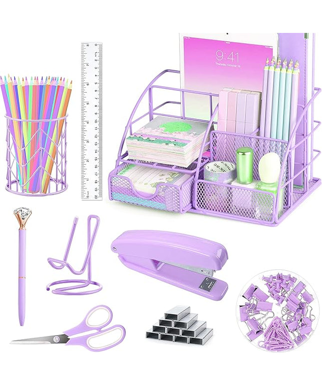 Purple Desk Organizers and Accessories Office Supplies Set Stapler, Pen Holder, Phone Holder, Scissors, Pen, Ruler, 30 Paper Clips, 22 Binder Clip, 20 Tacks and 1000pcs Staples