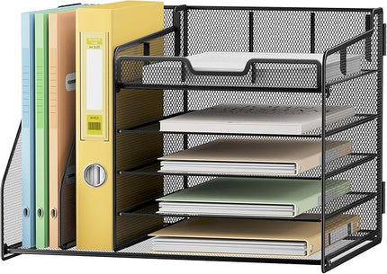Lavatino Desk Organizer, 5-Tier Metal Mesh Paper Letter Tray with 2 File Holders & 7 Flexible Dividers for Office or Home Desk Organizers and Accessories, Keep Workspace Supplies Neat, Black