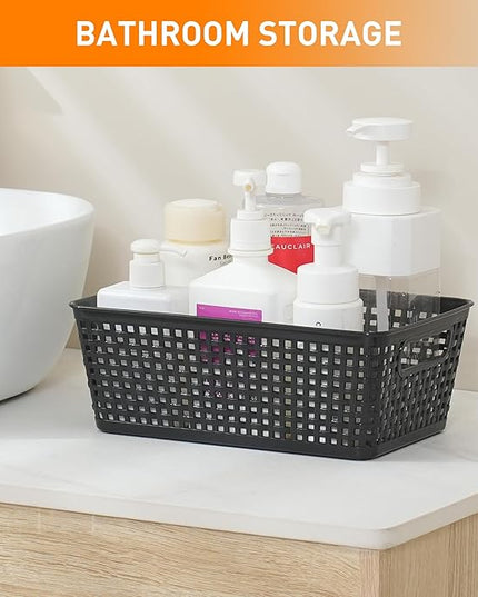 Plastic Storage Baskets With Lid, Storage Bins for Organizing, Stackable Decorative Containers for Shelves Drawers Desktop Closet Playroom Classroom Office, 8 Pack-Black
