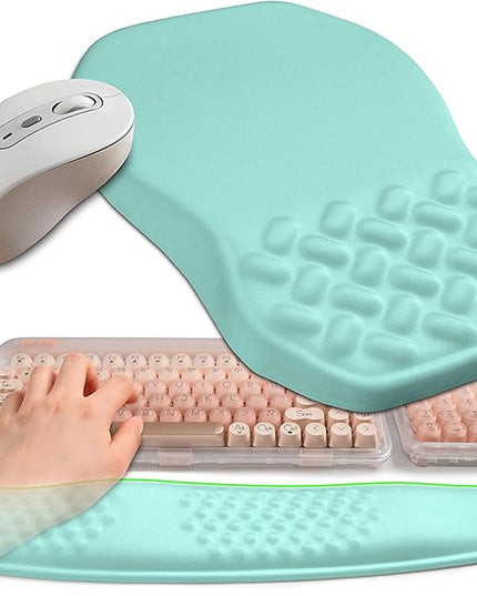 2-in-1 Ergonomic Set, Wave Keyboard Wrist Rest and Massage Slope Mouse Pad Wrist Support, Rebound Memory Foam for Relieve Carpal Tunnel Syndrome and Wrist Pain (Light Blue)