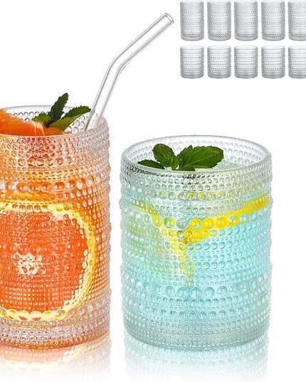 Hobnail Drinking Glasses Set of 12, 12oz & 15oz Vintage Glassware Set Cocktail Glass Set, Embossed Clear Water Tumbler,for Beer, Whiskey,Juice and Various Mixed Drinks (12 Pack-Clear)