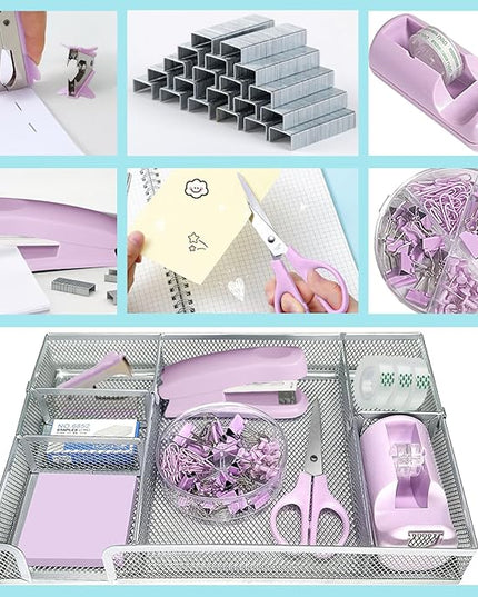 Purple Office Desk Accessories,Purple Office Supplies Set,Stapler and Tape Dispenser Set,Tape,Staple Remover, Staples,Paper Clips,Scissor,Sticky Note and Desk Drawer Organizer