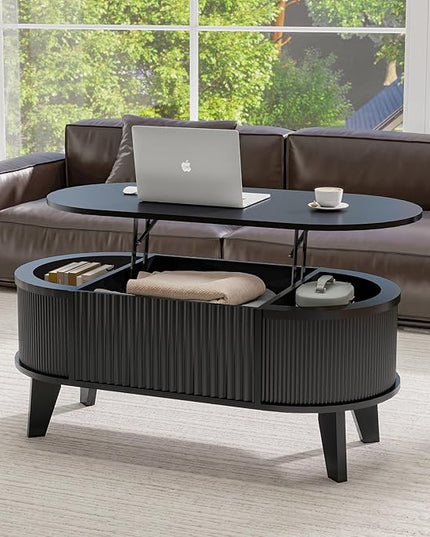 LYNCOHOME Fluted Lift Top Coffee Table with Storage,Modern Oval Coffee Table for Living Room or Home Office(Black)