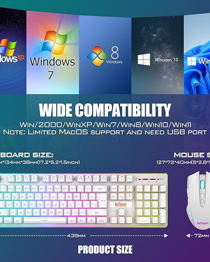 RedThunder K10 Wireless Gaming Keyboard and Mouse Combo, LED Backlit Rechargeable 3800mAh Battery, Mechanical Feel Anti-ghosting Keyboard + 7D 3200DPI Mice for PC Gamer (White)