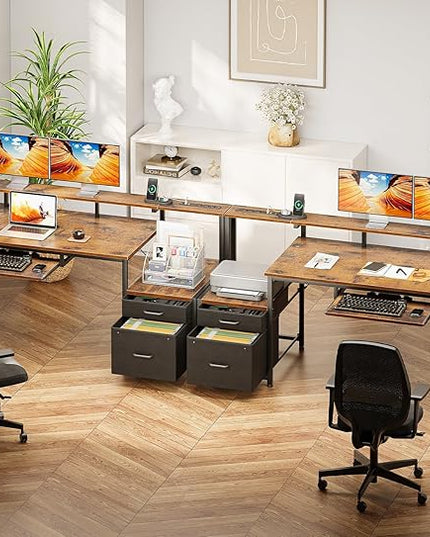 AODK Computer Desk with Drawers and Keyboard Tray, 63" Office Desk with Power Outlet, Reversible Study Work Desk with Printer Shelf and PC Stand for Home Office, Vintage