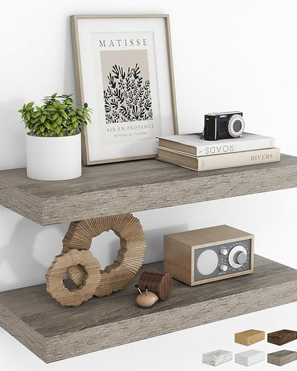 RICHFOCUS 24Inch Floating Shelves for Wall 2 Pack Shelves for Bedroom|Kitchen|Bathroom Wall Mounted Rustic Wood Floating Shelf with Invisible Brackets for Books|Storage|Decor, Grey