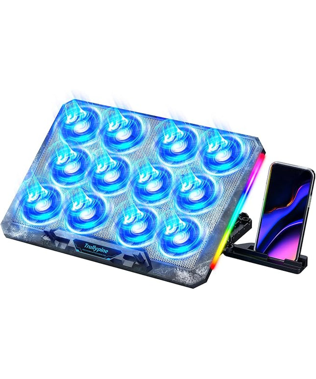 Laptop Cooling Pad with 12 Quiet Fans, Slim Portable for 12-17.3 Inch Laptop Cooler Stand with 5 Height Adjustable, Ergonomic Gaming Cooling Fan Pad with Two USB Ports & Phone Holder (Gear)