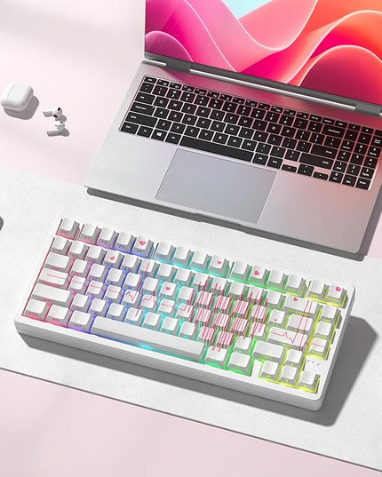 PBT Keycaps-Cherry Key Caps Side Print, Heart Design Dye Sublimation 130 Keys Set for Cherry Gateron MX Switches Keyboards, White