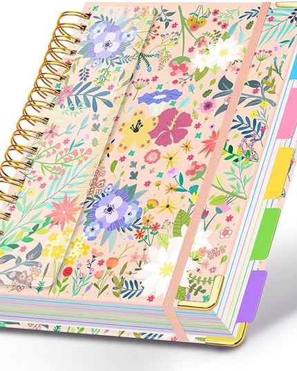 Spiral Journal Notebooks for Work, 300 Pages 5 Subject Notebook College Ruled with Dividers & Tabs, 8''x 10'' Large Notebook Journal for Women Students Note-Taking and Organizer (Beige Bloom)