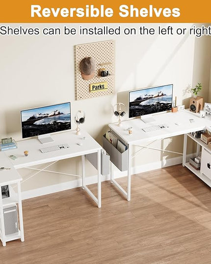Grandder L Shaped Computer Desk with Reversible Shelves, 40 Inch Small Corner Desk with Storage Bag, Gaming Desk Computer Table Study Writing Desk for Home Office Small Space, White