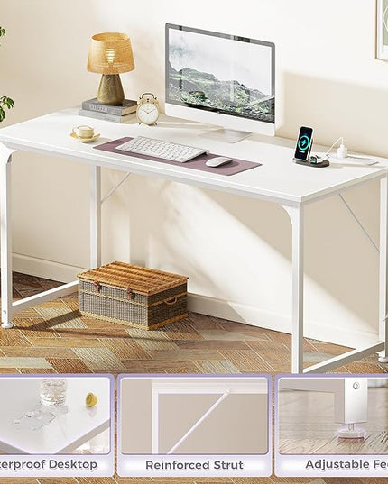 PRAISUN 54 X 20 Inch Office Computer Desk with Power Outlets and USB-C Port, Larger and Longer Gaming Desk, for Home Office, Study, Bedroom, Writing Work from Home Table, Metal Frame, White
