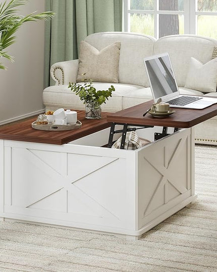 Airynee Farmhouse Coffee Table with Hydraulic Lifter, Square Coffee Table with Large Hidden Storage Compartment for Living Room, Wooden Coffee Tables with Brown Flip-Top Lids for Home Office, White
