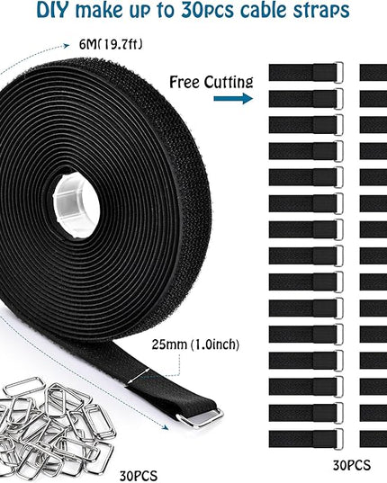 1"x19.7ft Hook and Loop Straps with 30 Buckles Adjustable Cut-to-Length Cable Ties - Reusable Nylon Fastening Tape Cable Straps for Storage or Organization (1in x 19.7ft)