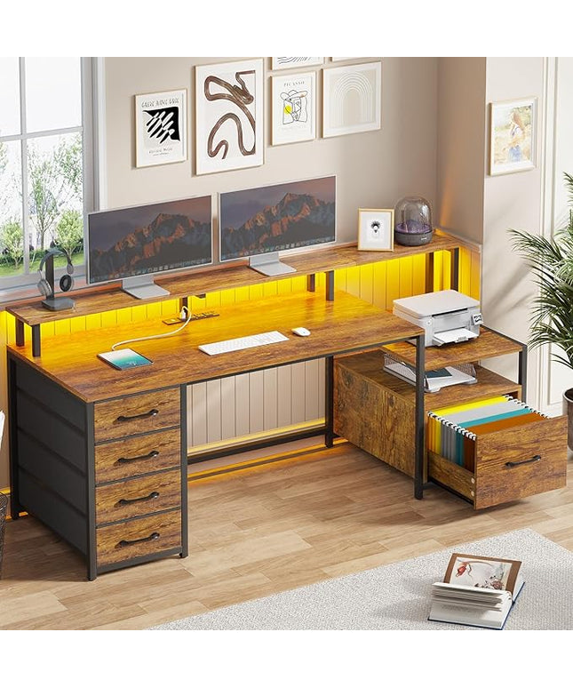 SEDETA Home Office Desk with File Drawer & Power Outlet, 66'' Computer Desk with 5 Drawer, Storage Shelves, Printer Cabinet and Monitor Shelf, Gaming Desk with Led Lights, Rustic Brown