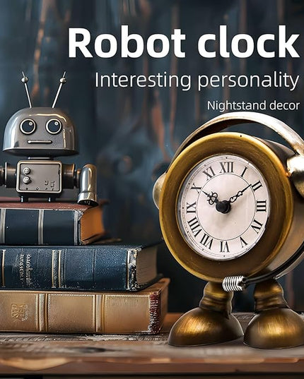YOUKI Vintage Robot Table Clock on Stand, Decorative Desk and Shelf Clock, Rustic Mantel Farmhouse Silent Non-Ticking,Battery Operated Table Top for Living Room,Musical Gift,Metal