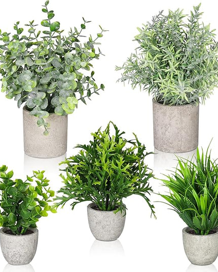 Fake Plants,5Pack Mini Potted Artificial Plant Small Faux Plant Indoor Outdoor for Home Decor,Eucalyptus Greenery Plastic Fake Green Grass Plants for Office Bathroom Shelf Farmhouse Coffee Table Decor