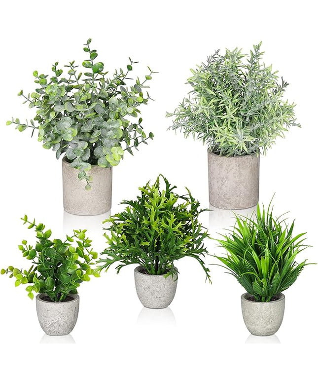 Fake Plants,5Pack Mini Potted Artificial Plant Small Faux Plant Indoor Outdoor for Home Decor,Eucalyptus Greenery Plastic Fake Green Grass Plants for Office Bathroom Shelf Farmhouse Coffee Table Decor