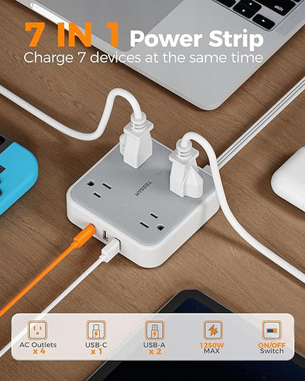 Extension Cord 10 ft, TESSAN Surge Protector Power Strip Long Cord with 3 USB(1 USB C) 4 Outlets, 900 Joules Protection, Small Desktop Multiple Charging Station for Home School Dorm Room Office, Grey