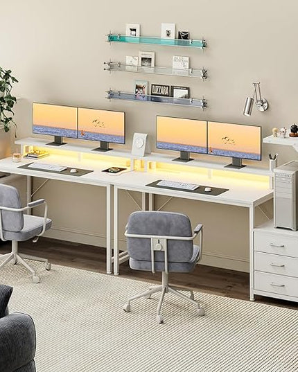 AODK 59 Inch Gaming Desk with USB Charging Ports & LED Light- Reversible Computer Desk with Storage Shelves & Monitor Stand, Modern Gamer Desk Table with Fabric Drawers & Side Hook, Carbon Fiber White