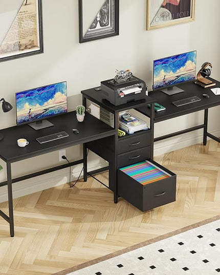 GYIIYUO 93'' Two Person Gaming Desk with Charging Station, Long Desk with 3 Drawers and Printer Shelf, Double Computer Desk, 2 Person Writing Study Table Workstation for Home Office, Black