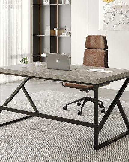 HSH Gray Computer Desk, Industrial Wood and Metal Home Office Desk, Farmhouse Rustic PC Laptop Desk for Executive Work Writing Study Gaming, Modern Simple Bedroom Computer Table, Light Grey Oak, 55 In