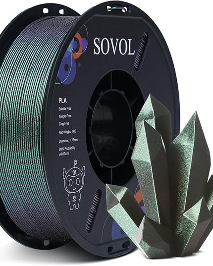 Sovol Silk PLA Filament with Green Glitter 1kg 1.75mm, Color Changeable 3D Printer Filament 2.2lbs, Chameleon Shiny PLA Material +/-0.03mm, Shimmering 3D Printing Filament, Galaxy Green