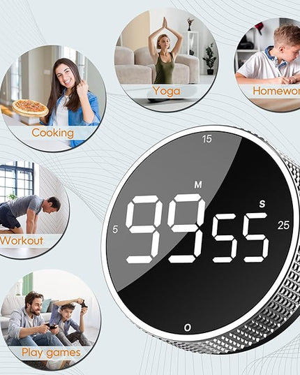 Upgrade Digital Kitchen Timer - Magnetic Countdown Countup Visual Pomodoro Timer with Large LED Display, 3-Preset Times (5, 15, 25), 3 Volume Levels, Ideal for Cooking, Baking and Fitness (1, Silver)