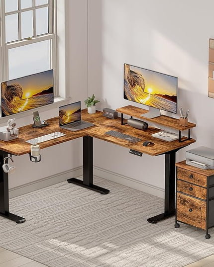Electric L Shaped Standing Desk with File Cabinet, 59" x 59" Corner Computer Desk with Drawers, Dual Motor Stand Up Desk with Storage, FLYCITY Home Office Standing Desk Adjustable Height, Rustic Brown