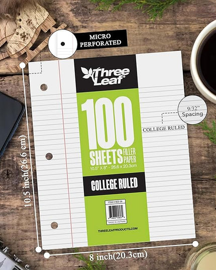 Three Leaf 100 Sheets College Ruled Filler Paper, 1728 Ct. (48 Cases X 36 Filler Paper), Loose-Leaf Sheets For School And Office