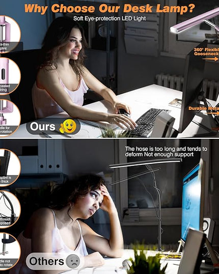 LED Desk Lamp for Office Home, Eye-Caring Desk Light with Stepless Dimming Adjustable Flexible Gooseneck, 10W USB Adapter Desk Lamp with Clamp for Reading, Study, Workbench (Pink)