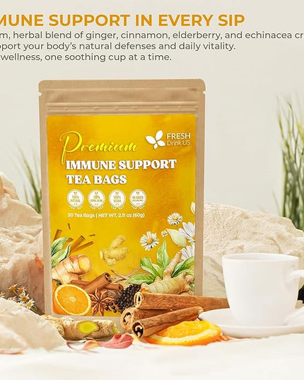 FreshDrinkUS, Premium 30 Tea Bags Immune Support Herbal Tea, Ginger, Cinnamon, Chamomile, Licorice Root, Black Pepper and Orange Peel – 100% Natural, Caffeine-Free, Vegan