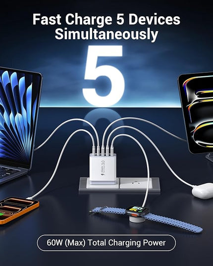 60W USB C Wall Charger Block, 2Pack 5-Port C Charger Fast Charging Block Dual PD Power Adapter&QC 3.0 Wall Plug Multiport Type C Charging Cube Brick for iPhone 12/13/14/15/16/17 Pro Max, iPad,Samsung