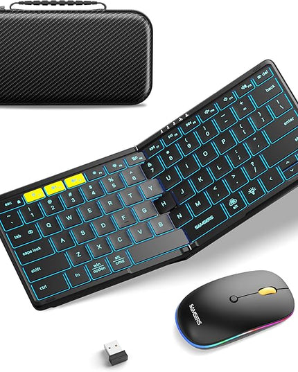 Foldable Keyboard and Mouse, Samsers KM08X Folding Bluetooth Keyboard Mouse Combo with Backlight, 2.4G + BT5.0 x 2, Full-Size Travel Keyboard & Portable Wireless Mouse for Windows iOS Mac OS Android