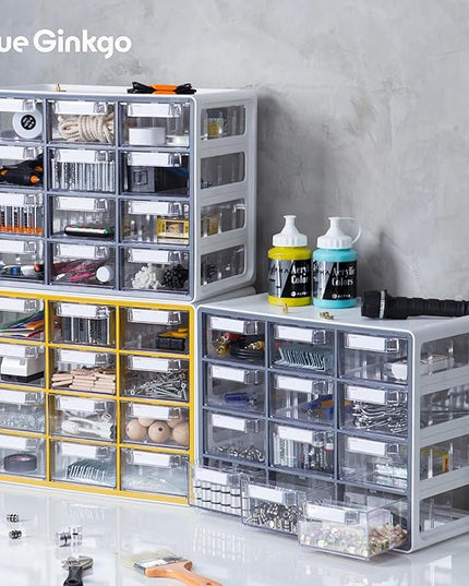 Blue Ginkgo Large 12-Drawer Cabinet – Stackable Clear Organizer for Hardware, Beads, Plastic Bricks, Office, and Craft Storage (Made in Korea, Gray)