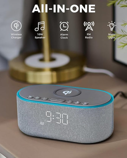 Wireless Charging Alarm Clock Radio: Qi Certified Fast Wireless Charger for iPhone Samsung - 10W Stereo Bluetooth Speaker - Dimmable Digital Clock with FM Radio for Bedroom Gray