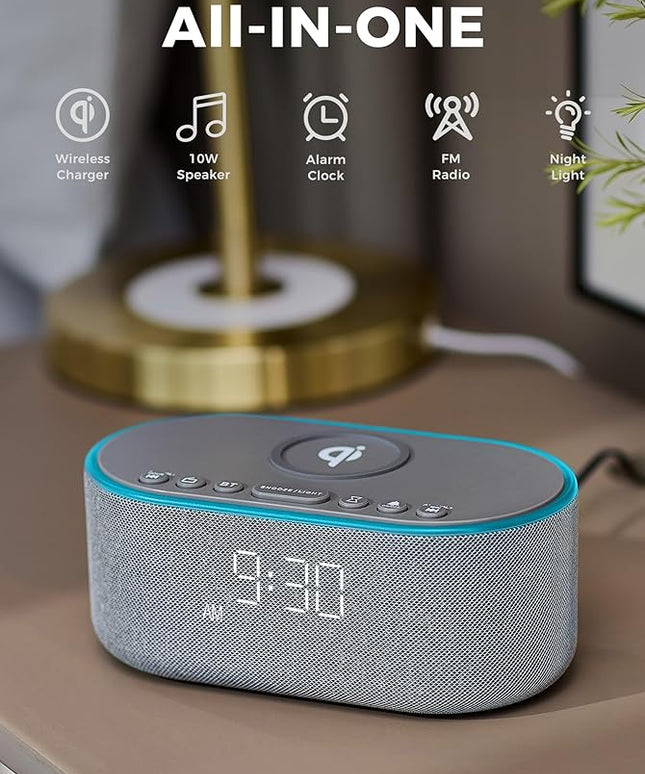 Wireless Charging Alarm Clock Radio: Qi Certified Fast Wireless Charger for iPhone Samsung - 10W Stereo Bluetooth Speaker - Dimmable Digital Clock with FM Radio for Bedroom Gray